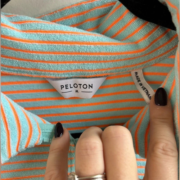 Peloton Turquoise and Orange Striped Terry Cloth 1/2 Zip - Picture 3 of 5